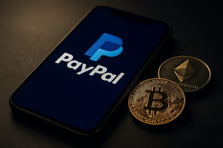 Smartphone con logo de PayPal en pantalla acompañado de monedas físicas de Bitcoin y Ethereum.