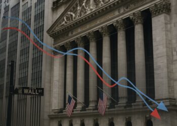 Wall Street en ambiente gris con gráfico técnico que muestra el cruce de la muerte en acciones.