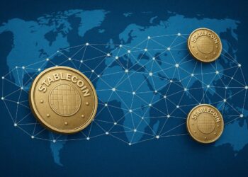 Monedas digitales de stablecoins con relieve conectadas en red global que simboliza expansión al 2030.