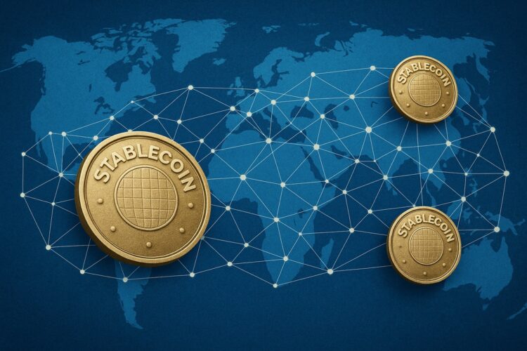Monedas digitales de stablecoins con relieve conectadas en red global que simboliza expansión al 2030.