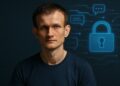Vitalik Buterin en ambiente sobrio con símbolos digitales y un candado que representa privacidad.