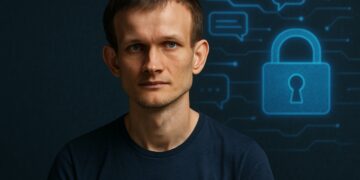 Vitalik Buterin en ambiente sobrio con símbolos digitales y un candado que representa privacidad.