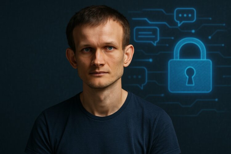 Vitalik Buterin en ambiente sobrio con símbolos digitales y un candado que representa privacidad.