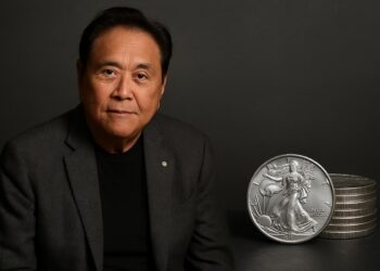 Kiyosaki y la inversión en metales Fotografía editorial de Robert Kiyosaki en un entorno sobrio, acompañado de monedas de plata en relieve como referencia a su recomendación.