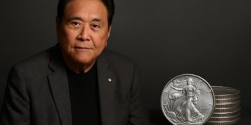 Kiyosaki y la inversión en metales Fotografía editorial de Robert Kiyosaki en un entorno sobrio, acompañado de monedas de plata en relieve como referencia a su recomendación.