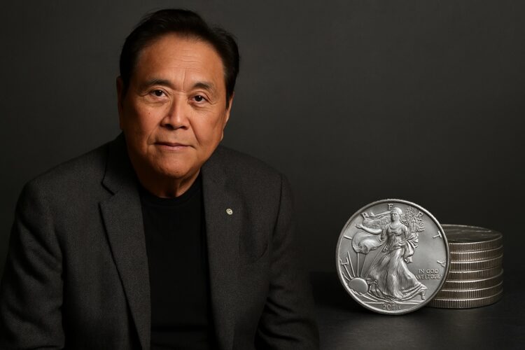 Kiyosaki y la inversión en metales Fotografía editorial de Robert Kiyosaki en un entorno sobrio, acompañado de monedas de plata en relieve como referencia a su recomendación.