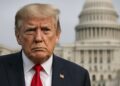 Donald Trump frente al Capitolio con gesto serio, en referencia al posible cierre del gobierno.