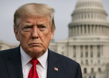 Donald Trump frente al Capitolio con gesto serio, en referencia al posible cierre del gobierno.
