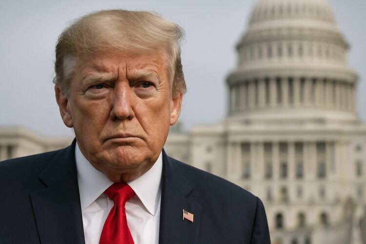 Donald Trump frente al Capitolio con gesto serio, en referencia al posible cierre del gobierno.