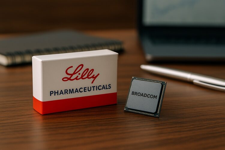 Acciones de Eli Lilly y Broadcom representadas con caja farmacéutica y chip en un escritorio editorial.