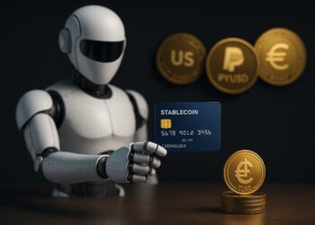 Humanoide digital entrega tarjeta virtual junto a monedas de stablecoins.