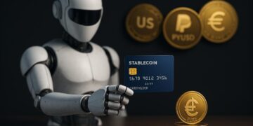 Humanoide digital entrega tarjeta virtual junto a monedas de stablecoins.