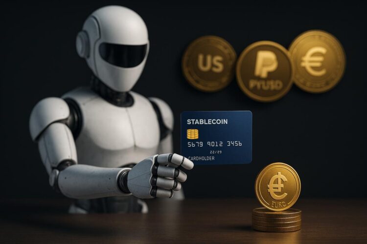 Humanoide digital entrega tarjeta virtual junto a monedas de stablecoins.