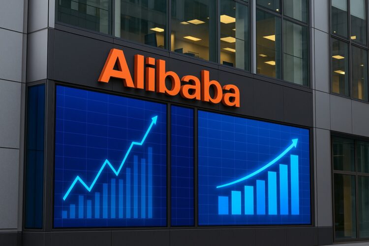 Fachada moderna de edificio de Alibaba con pantallas digitales que muestran gráficos financieros en alza