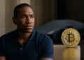 Arthur Hayes en primer plano con un Lamborghini cubierto y un Bitcoin al fondo.