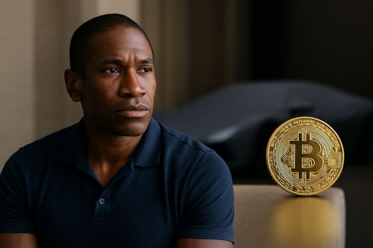 Arthur Hayes en primer plano con un Lamborghini cubierto y un Bitcoin al fondo.
