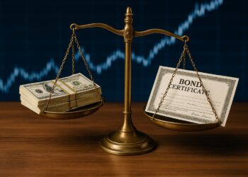 Balanza metálica con fajos de efectivo en un lado y certificados de bonos en el otro frente a un gráfico financiero difuminado