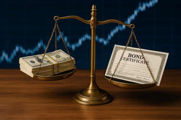 Balanza metálica con fajos de efectivo en un lado y certificados de bonos en el otro frente a un gráfico financiero difuminado