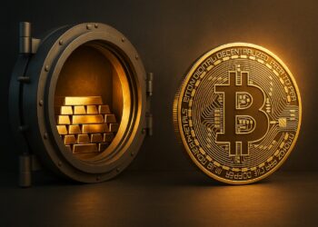 Bóveda abierta con lingotes de oro junto a un token de Bitcoin iluminado en un entorno oscuro