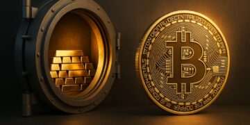 Bóveda abierta con lingotes de oro junto a un token de Bitcoin iluminado en un entorno oscuro