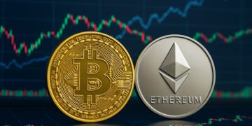 Monedas físicas de Bitcoin y Ethereum sobre mesa con pantallas mostrando gráficos financieros al fondo