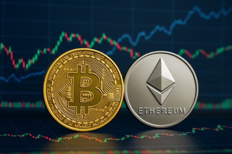 Monedas físicas de Bitcoin y Ethereum sobre mesa con pantallas mostrando gráficos financieros al fondo