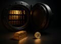 Bóveda abierta con lingotes de oro brillando y una moneda de Bitcoin en primer plano.