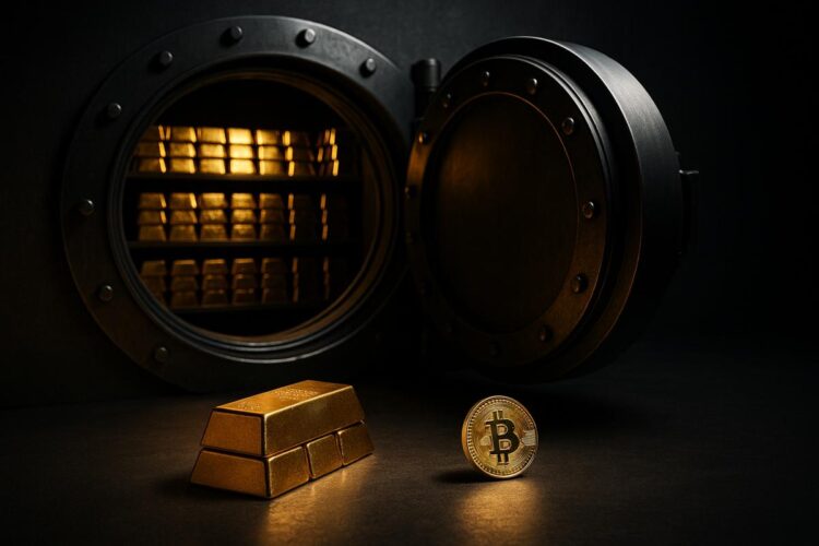 Bóveda abierta con lingotes de oro brillando y una moneda de Bitcoin en primer plano.