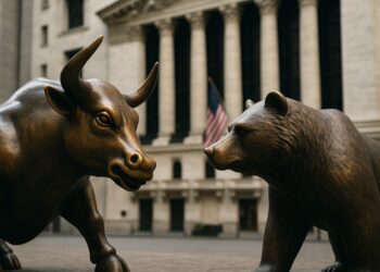 Toro y oso en primer plano con fondo financiero desenfocado simbolizando corrección del mercado.