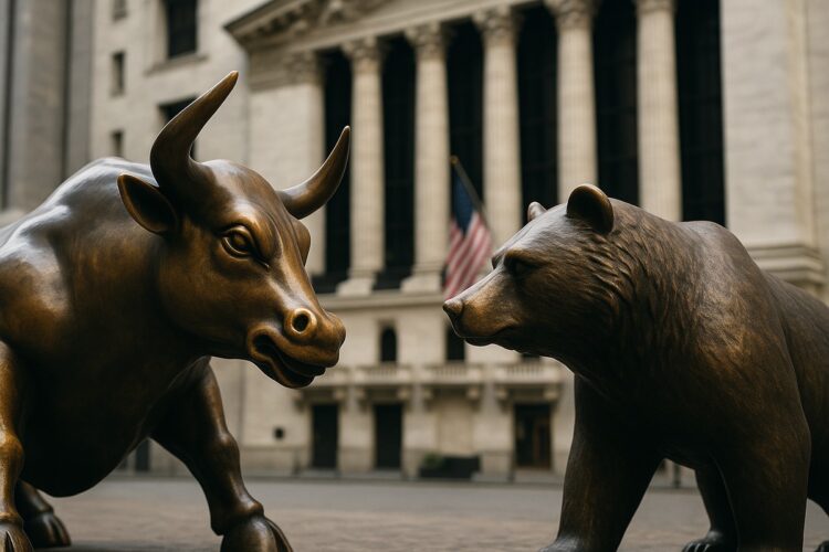 Toro y oso en primer plano con fondo financiero desenfocado simbolizando corrección del mercado.