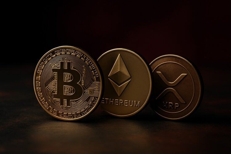 Monedas físicas de Bitcoin, Ethereum y XRP en mesa metálica, representando la caída del mercado cripto.