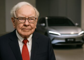 Warren Buffett en primer plano con un vehículo eléctrico BYD al fondo en un entorno institucional.