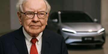 Warren Buffett en primer plano con un vehículo eléctrico BYD al fondo en un entorno institucional.