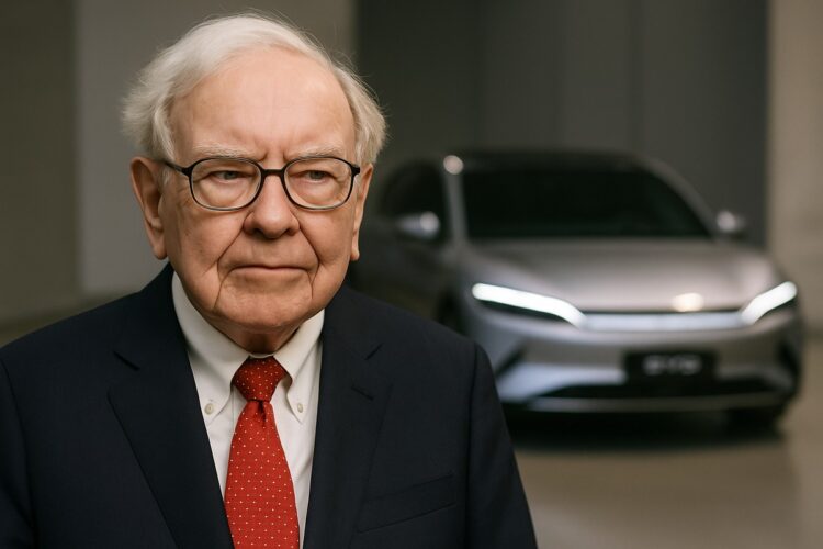 Warren Buffett en primer plano con un vehículo eléctrico BYD al fondo en un entorno institucional.