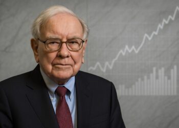 Warren Buffett en primer plano con fondo sobrio y gráfico, reflejando el récord del indicador Buffett.