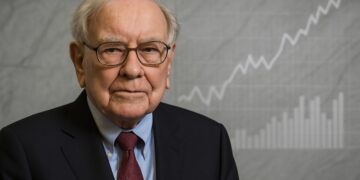 Warren Buffett en primer plano con fondo sobrio y gráfico, reflejando el récord del indicador Buffett.