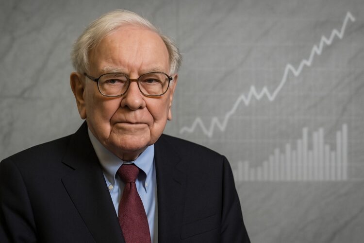 Warren Buffett en primer plano con fondo sobrio y gráfico, reflejando el récord del indicador Buffett.