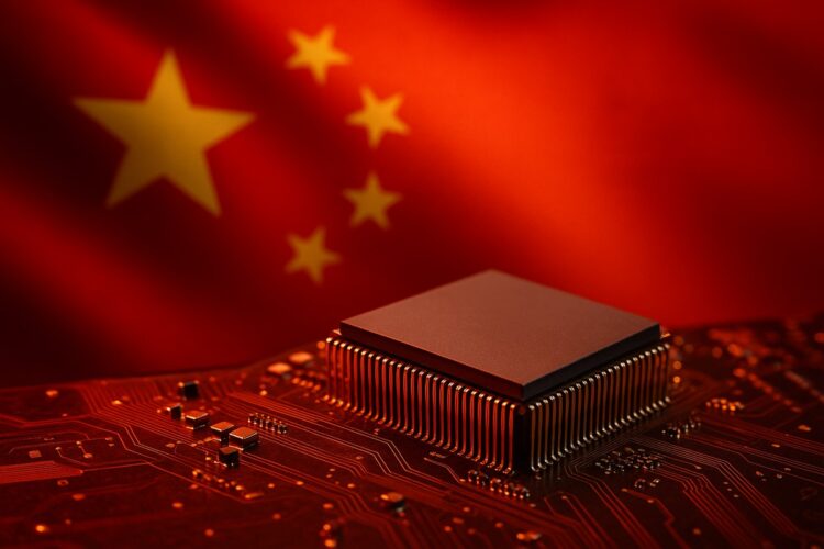 Chip semiconductor iluminado en rojo y dorado con bandera china difusa, reflejando autosuficiencia frente a Nvidia.
