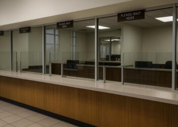 Mostrador vacío con divisores de cristal en oficina de desempleo en Estados Unidos.