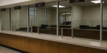 Mostrador vacío con divisores de cristal en oficina de desempleo en Estados Unidos.