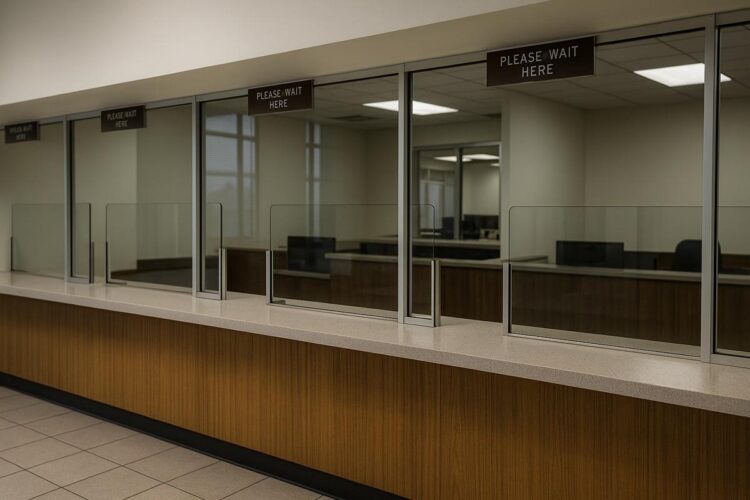Mostrador vacío con divisores de cristal en oficina de desempleo en Estados Unidos.