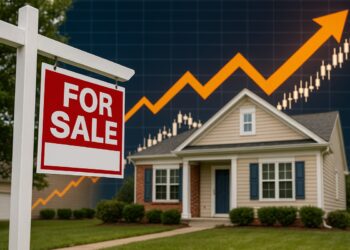 Casa en venta en EE.UU. con gráfico al alza que representa el impacto de tasas y rendimientos.
