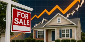 Casa en venta en EE.UU. con gráfico al alza que representa el impacto de tasas y rendimientos.