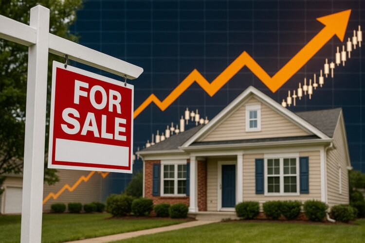 Casa en venta en EE.UU. con gráfico al alza que representa el impacto de tasas y rendimientos.