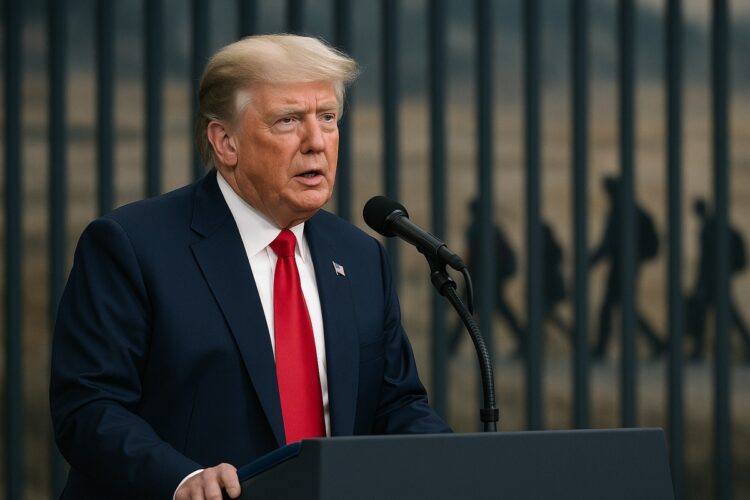 Donald Trump en podio con fondo migratorio, reflejando impacto de la tarifa en visas H-1B.