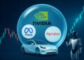 Ilustración de burbuja con logos de Nvidia, Meta y Alphabet sobre gráfico bursátil con velas
