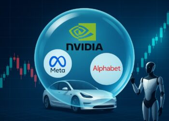 Ilustración de burbuja con logos de Nvidia, Meta y Alphabet sobre gráfico bursátil con velas