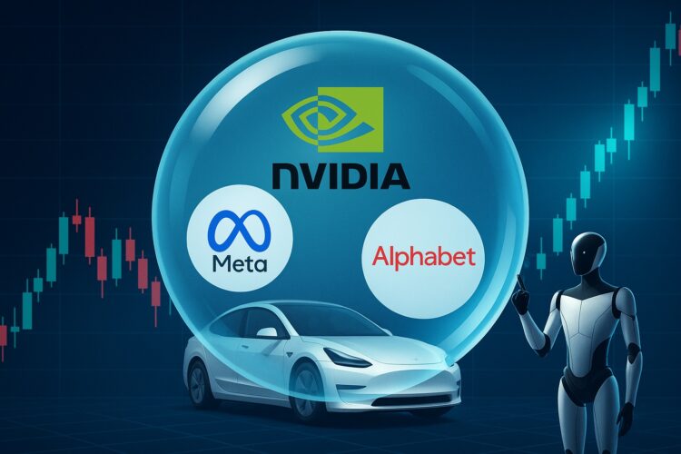 Ilustración de burbuja con logos de Nvidia, Meta y Alphabet sobre gráfico bursátil con velas