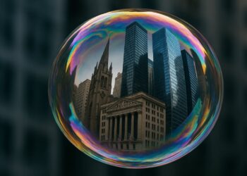 Gran burbuja de jabón refleja rascacielos financieros en su superficie.
