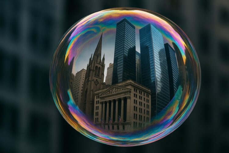 Gran burbuja de jabón refleja rascacielos financieros en su superficie.
